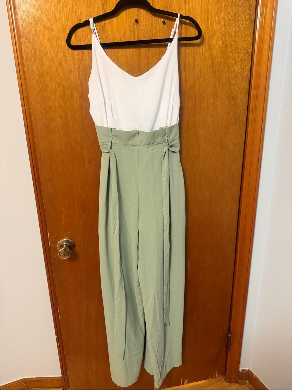 Altar'd State White Top with Sage High-Waist Wide Leg Jumpsuit